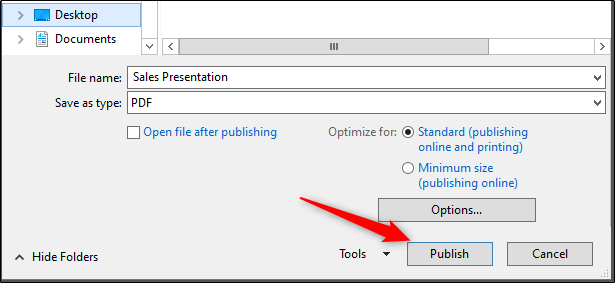 Кнопка публикации для сохранения PDF