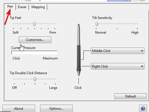 Выпадающее меню функций пера в свойствах Wacom