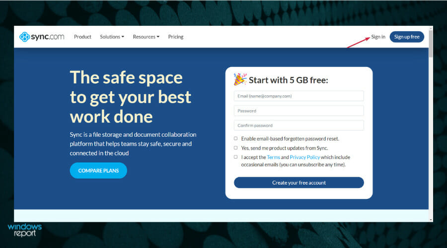 Форма входа в веб‑интерфейс Sync