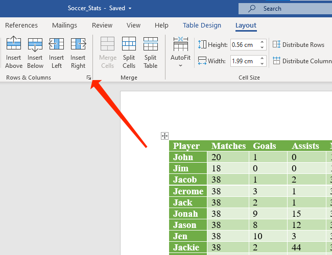 Click the arrow icon to reveal more ways to add columns and rows to Microsoft Word tables