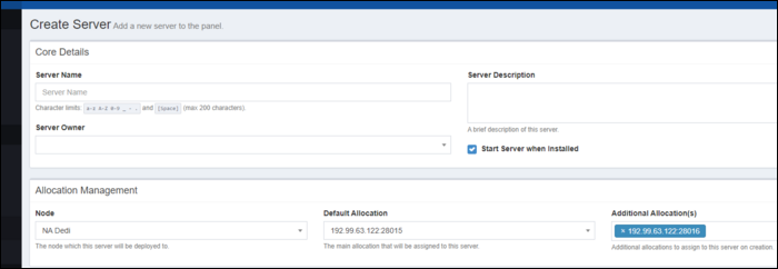 Форма создания сервера: выбор узла и распределение портов