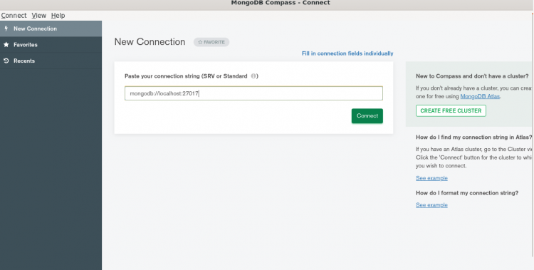 Форма нового подключения MongoDB Compass
