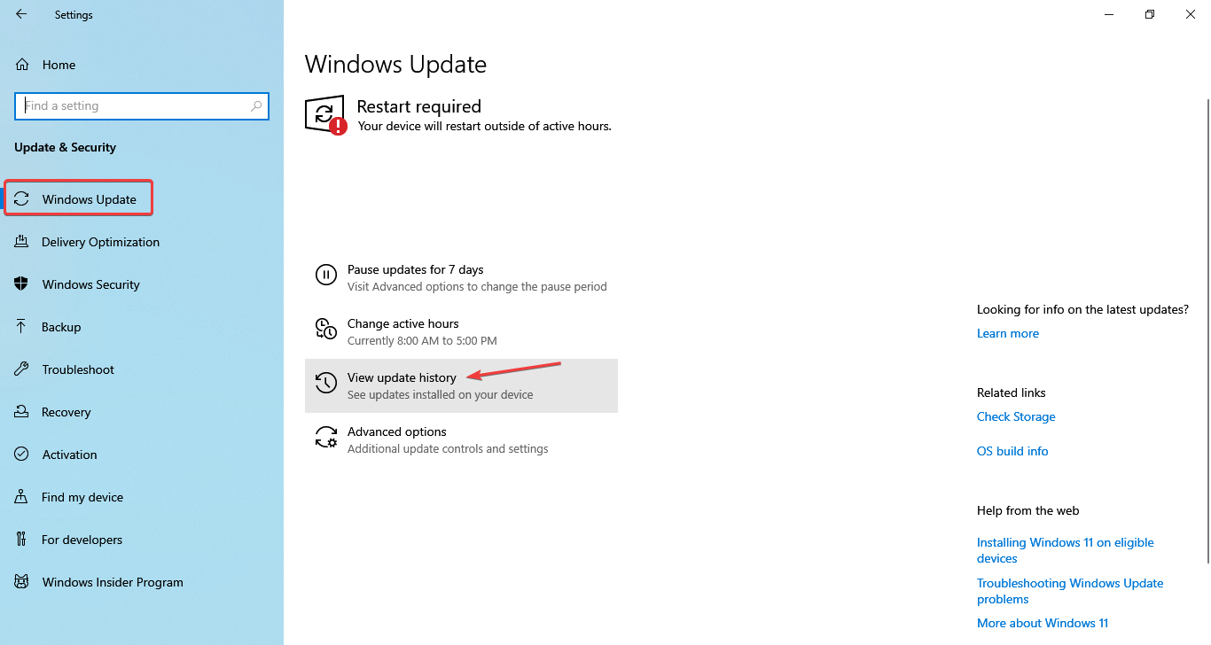 'Просмотреть историю обновлений' в Параметрах