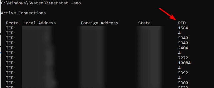 Вывод netstat с PID в последнем столбце
