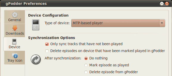 Настройки устройства и синхронизации в gPodder