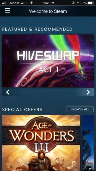 Меню мобильного приложения Steam — библиотека