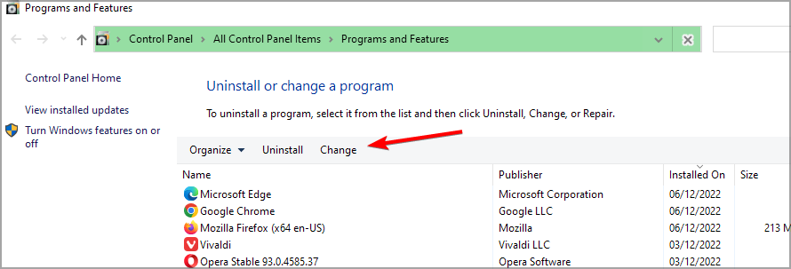 Параметры изменения установки с кнопкой Change