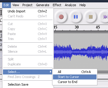 Выделение части трека в Audacity для рингтона
