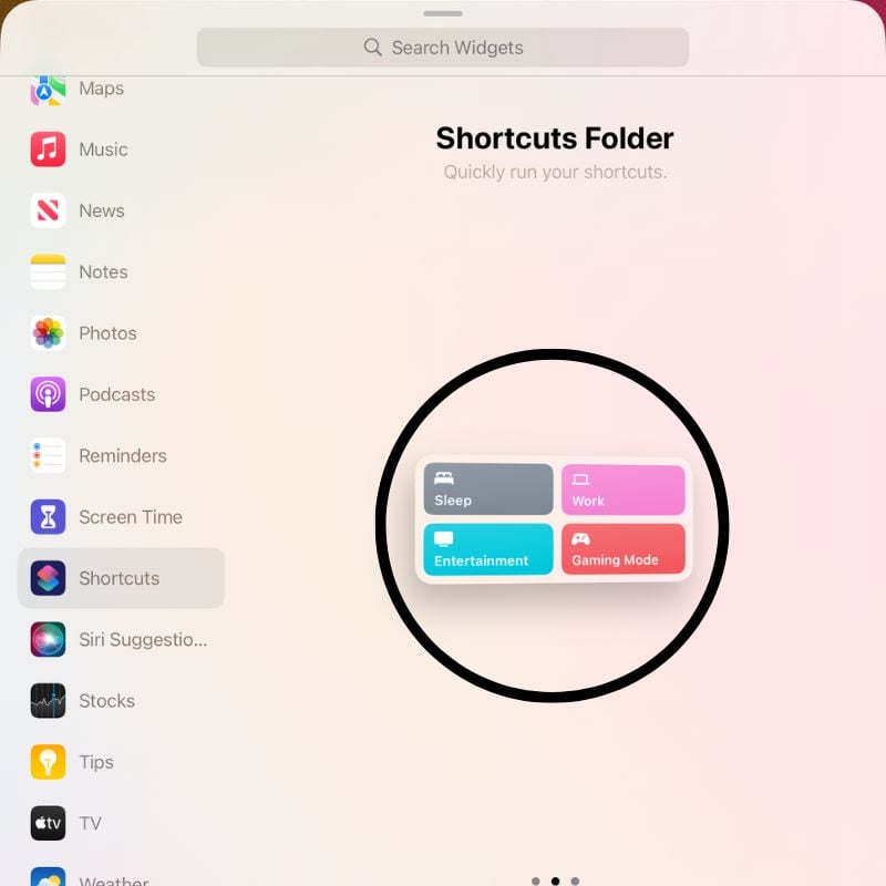 выбор виджета Shortcuts