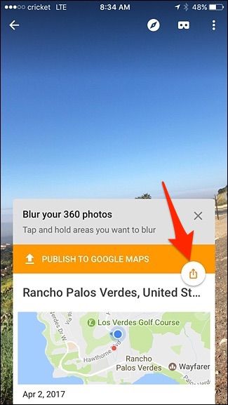 Экран поделиться в Google Street View для выбранного 360 фото