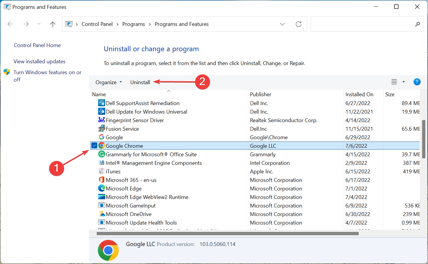 Удаление Google Chrome через Панель управления