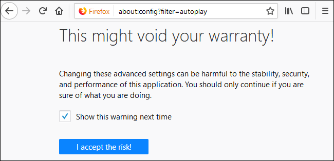 Диалог предупреждения about:config в Firefox