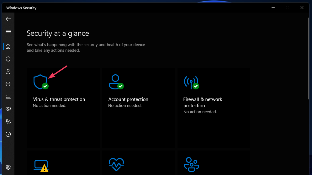 Вкладка 'Защита от вирусов и угроз' в Защитнике Windows