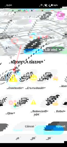 Экран с тулом «Опасность» в приложении Waze, иконка выделена.