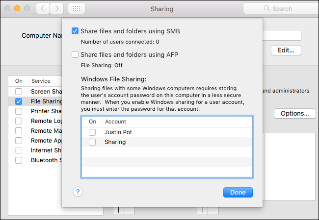 Параметры общего доступа с опцией SMB