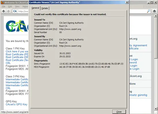 Кнопка Close в окне сертификата