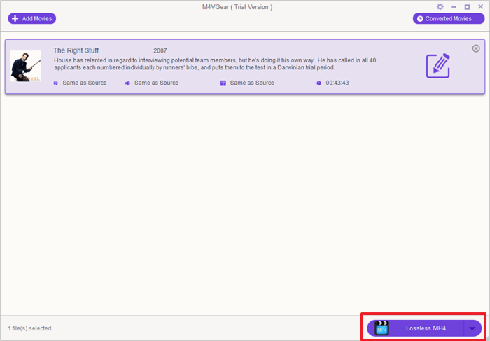 Процесс конвертации в M4VGear: выбор Lossless MP4 и запуск