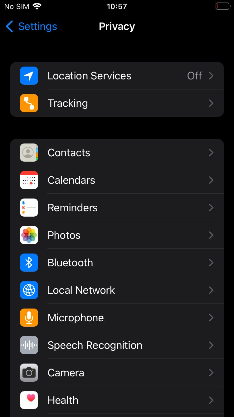 Переход к разделу «Фото» в настройках конфиденциальности iOS