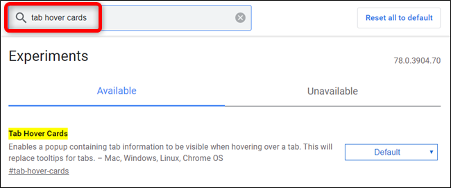 Поиск Tab Hover Cards на странице chrome://flags