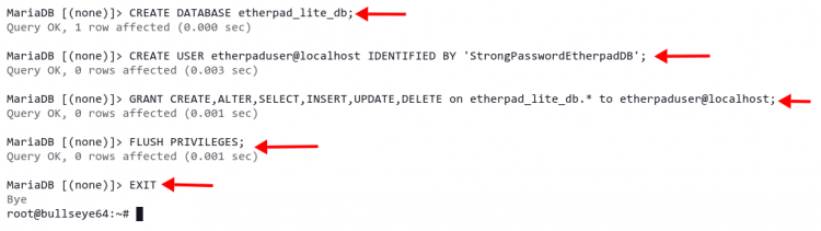 Скриншот: создание базы данных etherpad