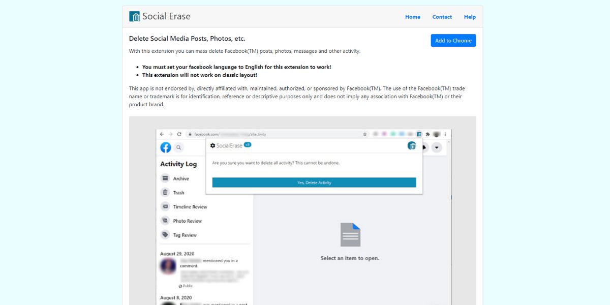 Главная страница расширения Social Erase с возможностью выбора временного диапазона