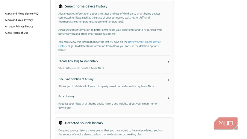 страница истории умных устройств на сайте Amazon с записями использования