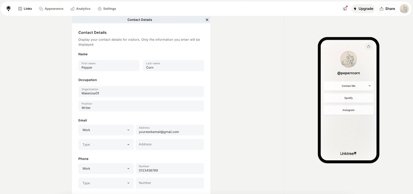 Скриншот экрана Linktree с формой добавления контактных данных.
