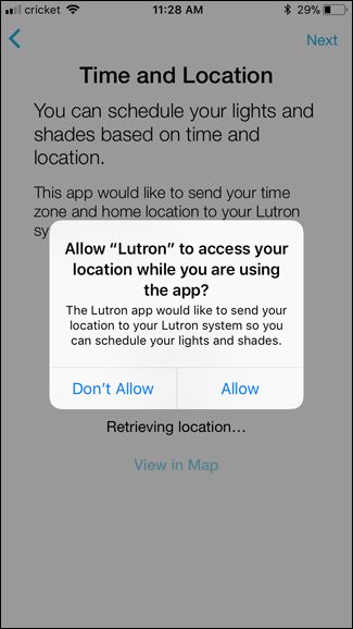 Запрос разрешения на доступ к местоположению в приложении Lutron