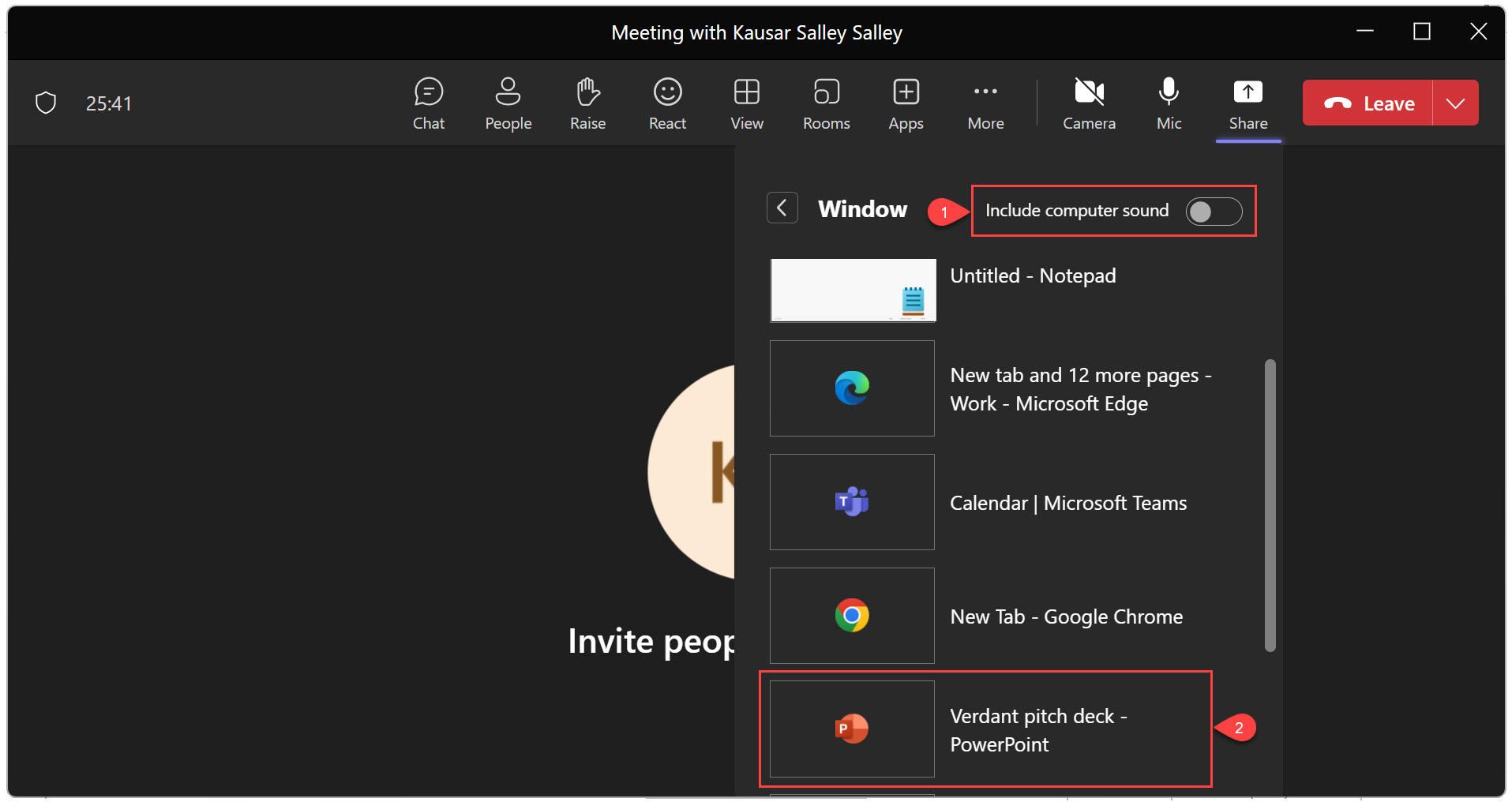Select PowerPoint window in Teams