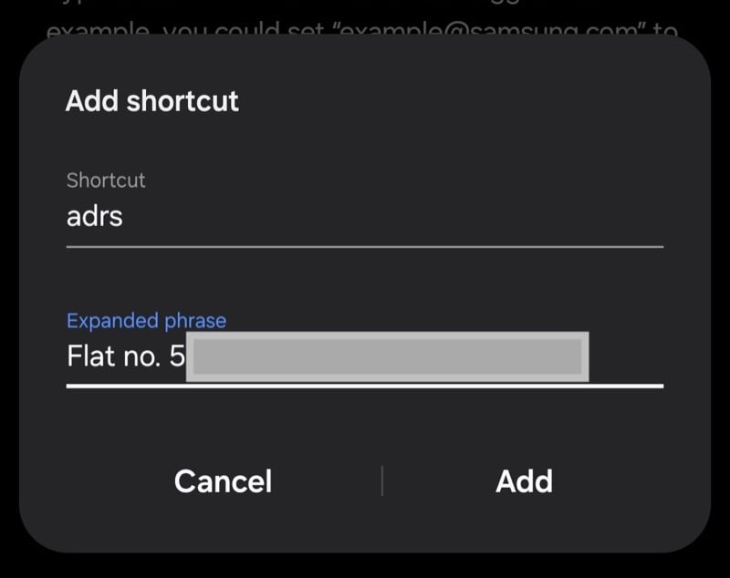 Пример настройки ярлыка для адреса в Samsung Keyboard