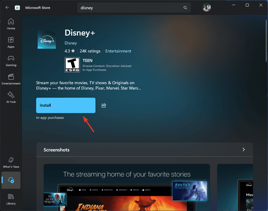 Установка приложения Disney Plus через Microsoft Store