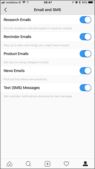 Список типов почтовых уведомлений Instagram