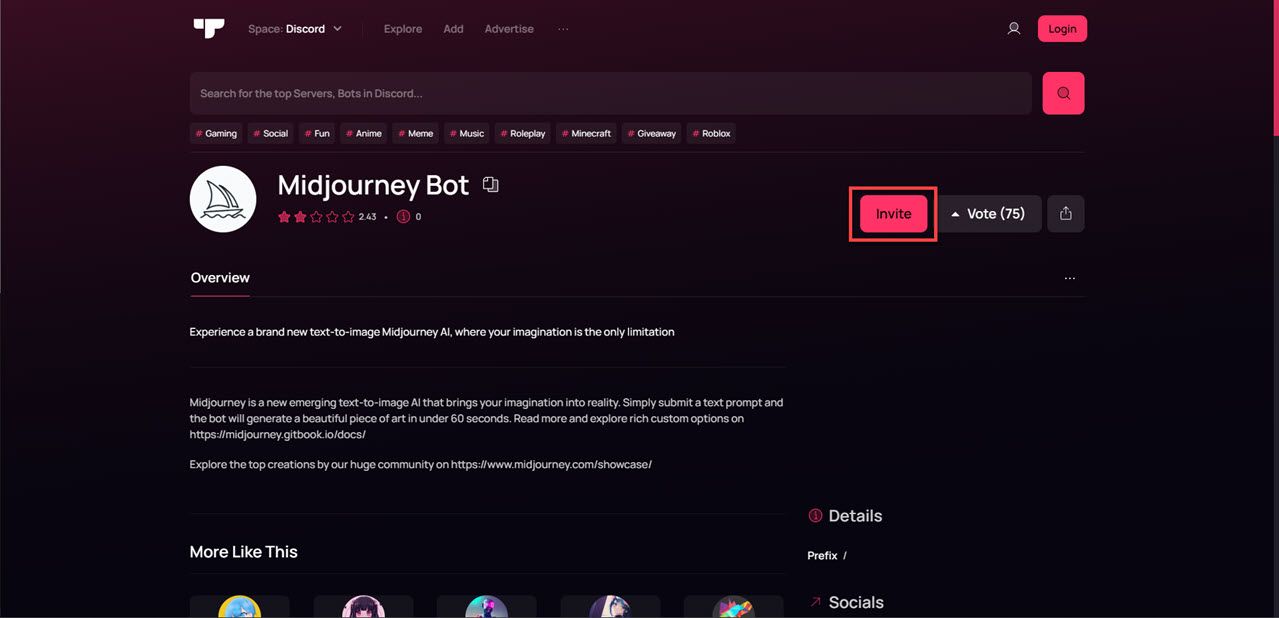 Midjourney Discord app on Top.gg
