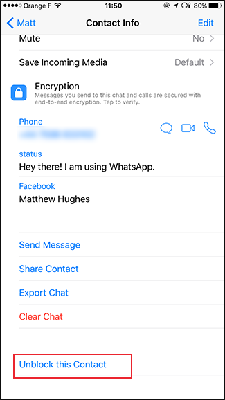Кнопка «Разблокировать» в карточке контакта iOS