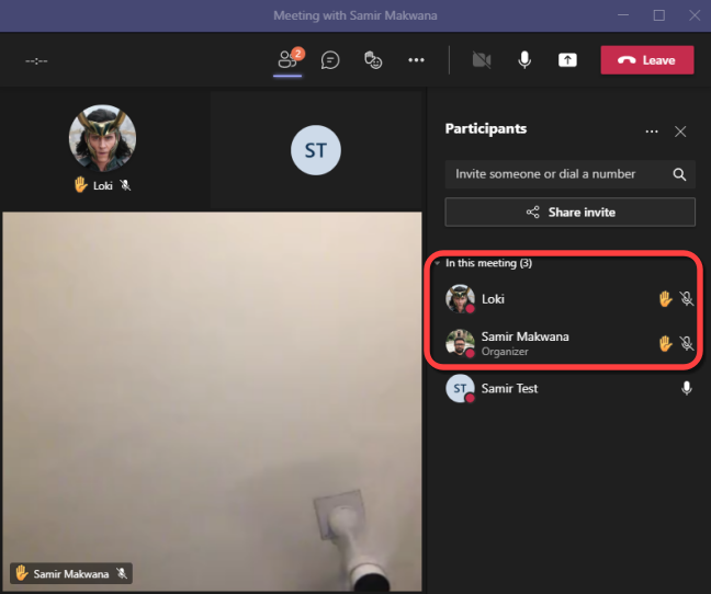 Боковая панель «Участники» с отмеченными поднятыми руками