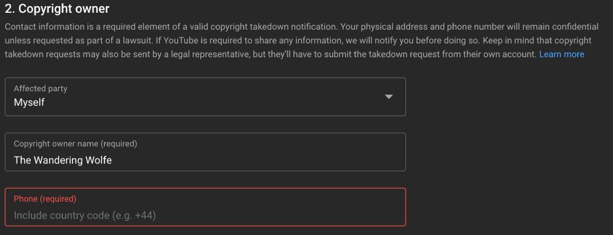 Форма с данными владельца авторских прав в YouTube Studio