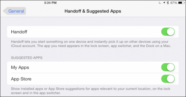 Включение Handoff в настройках iOS