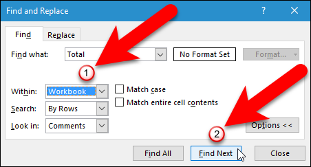 Нажмите «Найти далее», чтобы искать по всей книге или листу