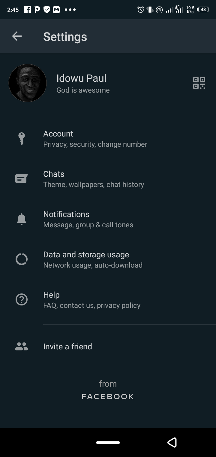 Выбор раздела аккаунта