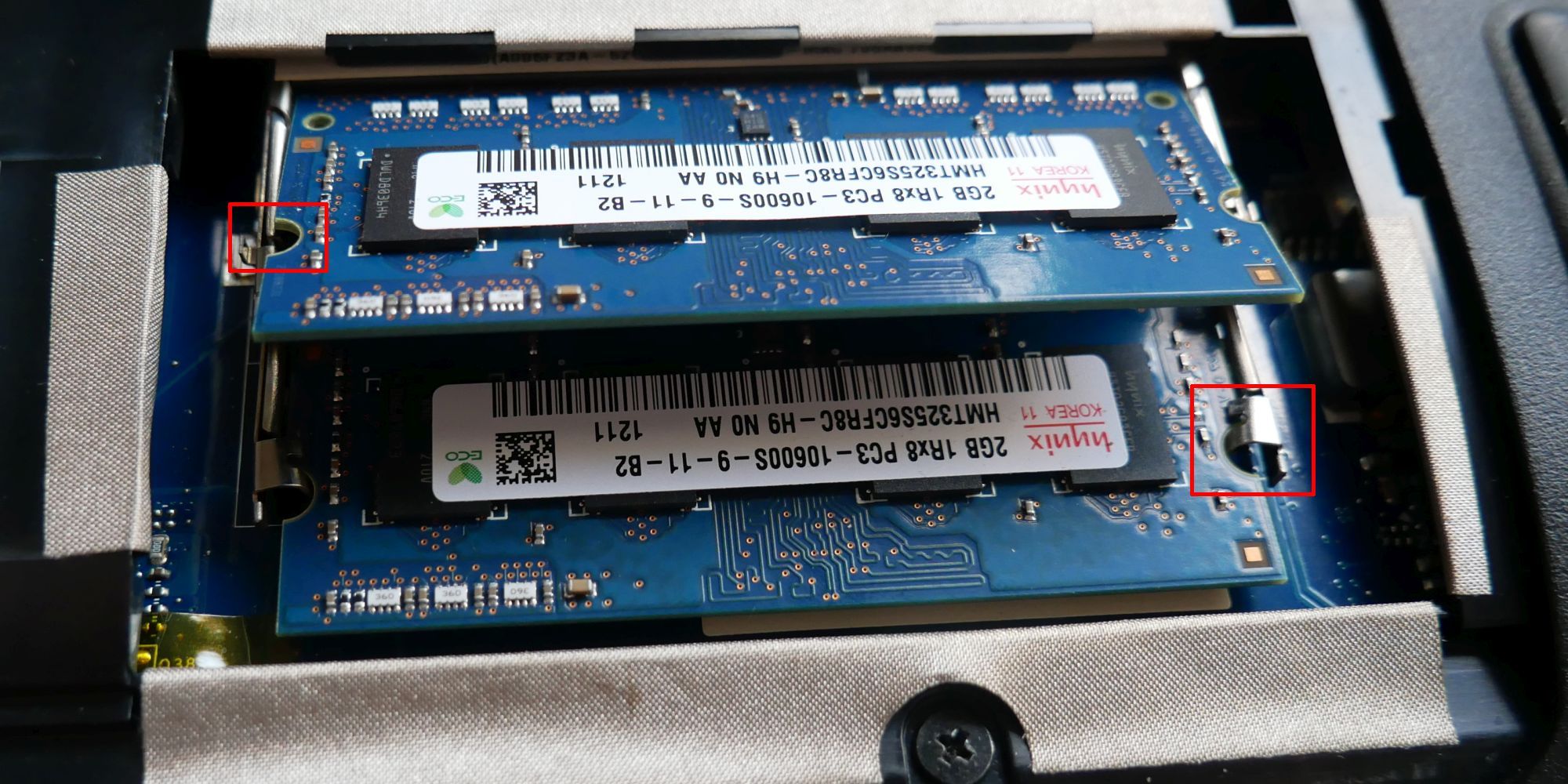 Детальный вид установленных модулей RAM в ноутбуке