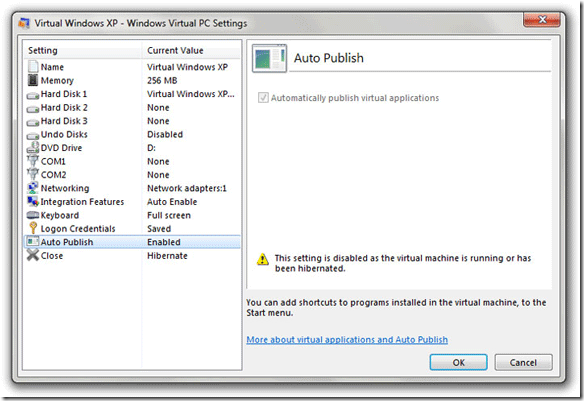 Свойства виртуальной машины Windows XP Mode
