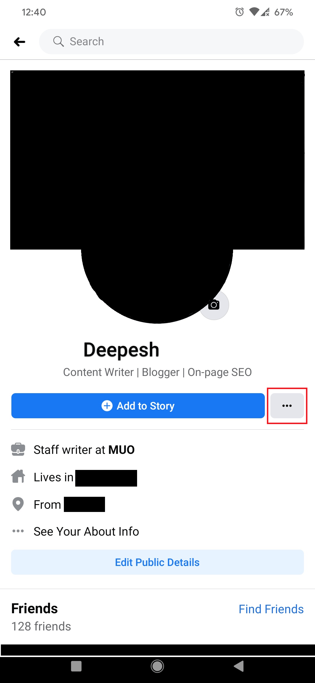 Опции профиля в приложении Facebook