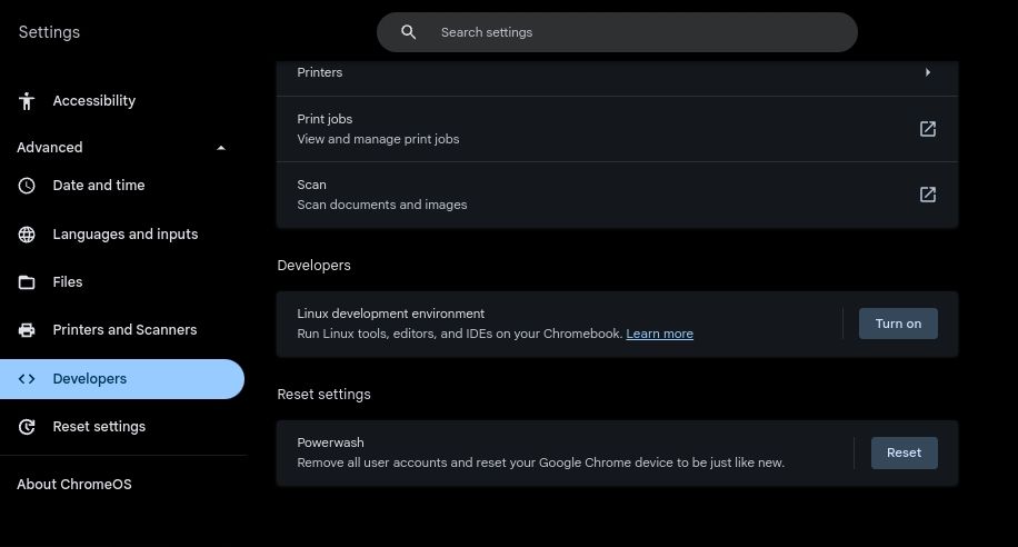 Активация среды разработки Linux в настройках Chromebook