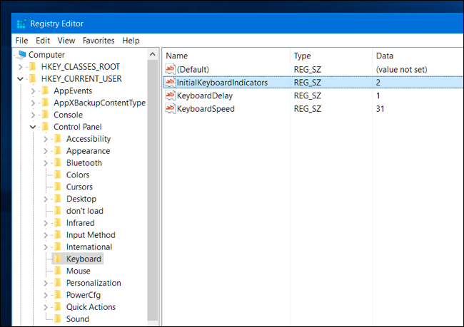 Изменение InitialKeyboardIndicators в HKEY_CURRENT_USER