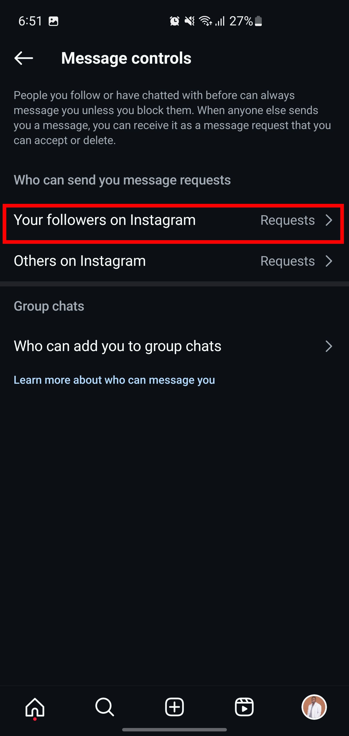 Настройки управления сообщениями в Instagram