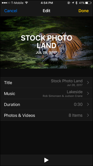 Опции для заголовка, музыки и состава Воспоминания