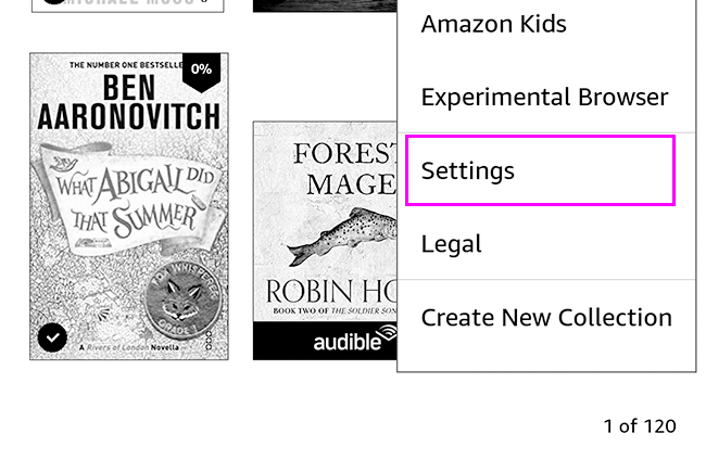 опция Настройки выделена на экране Kindle