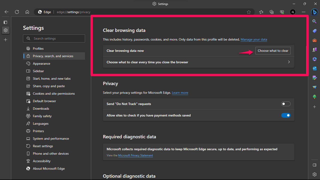 Кнопка Очистить данные браузера