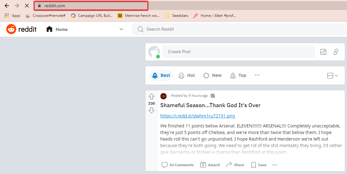 Скриншот главной страницы Reddit в браузере