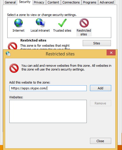 Скриншот: добавление адреса apps.skype.com в список ограниченных сайтов